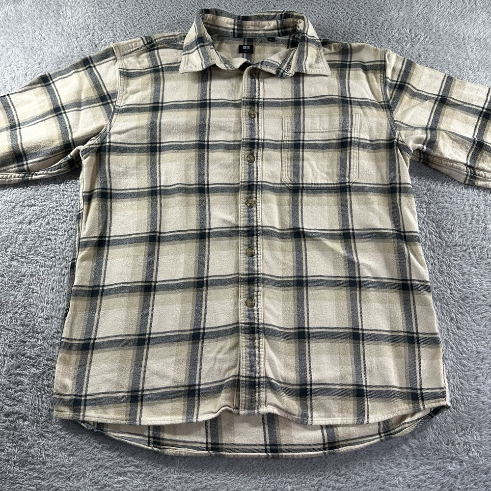 Uniqlo Flannel Shirt Mens Large‎ Plaid Beige Blue Cotton Utility Warm Pocket - Picture 3 of 8